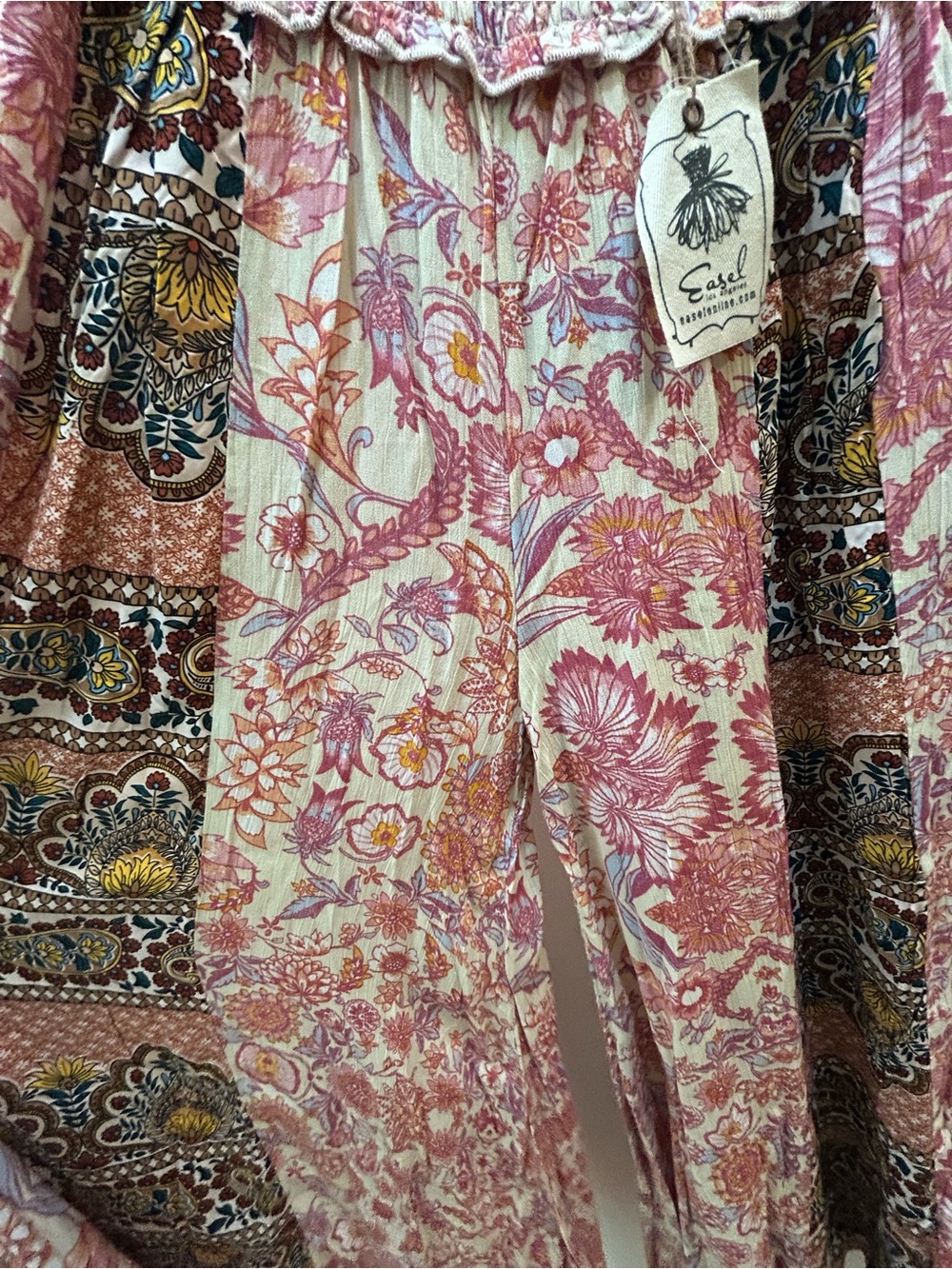 NWT Boutique Brand, easel, Pink Floral Patchwork Wide Leg Pants - Picture 7 of 9